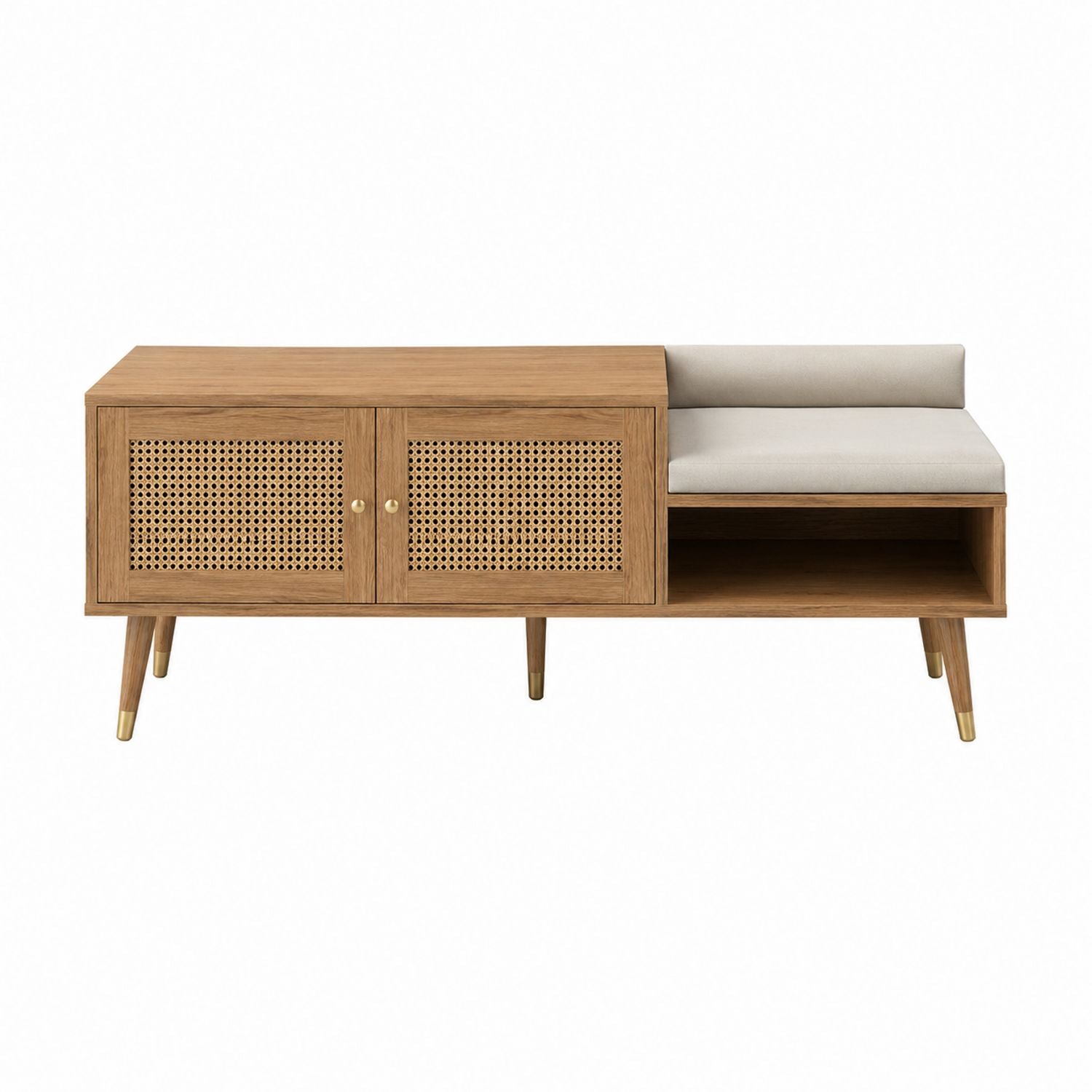 Teak and Rattan Storage Bench with Beige Cushion, 120cm