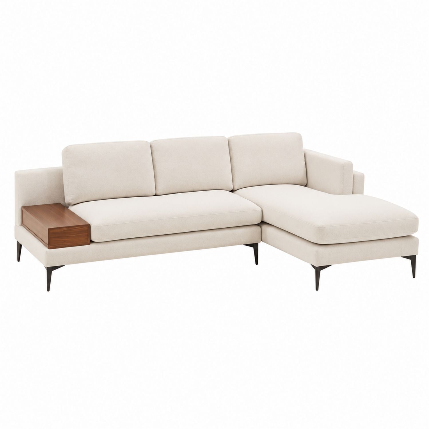 Beige Fabric Sectional Sofa with Wooden Side Table and Metal Legs