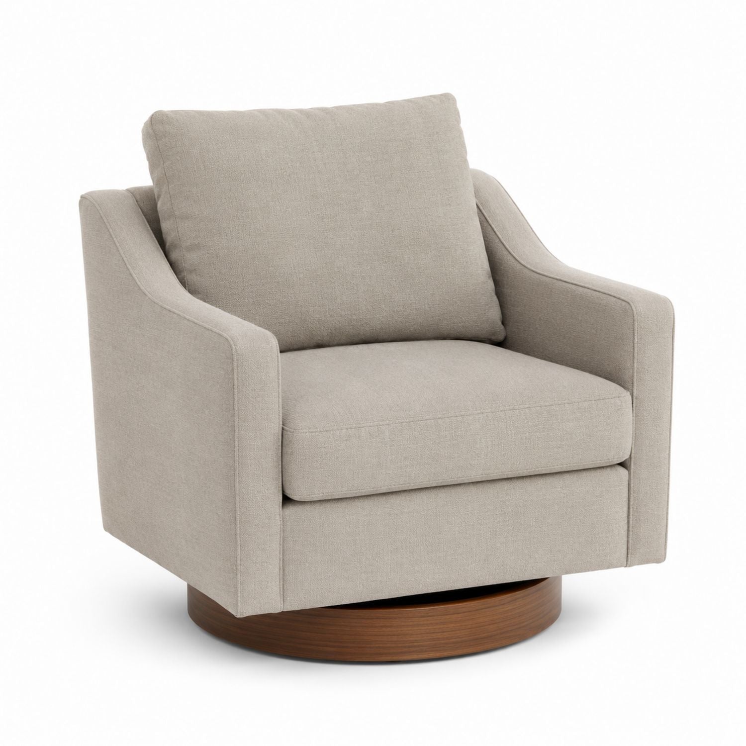 Light Gray Linen Swivel Chair with Wooden Veneer Base