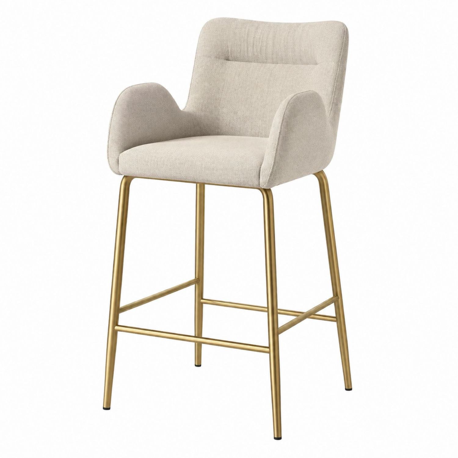 Beige Linen Fabric Bar Stool with Armrests and Gold Metal Legs