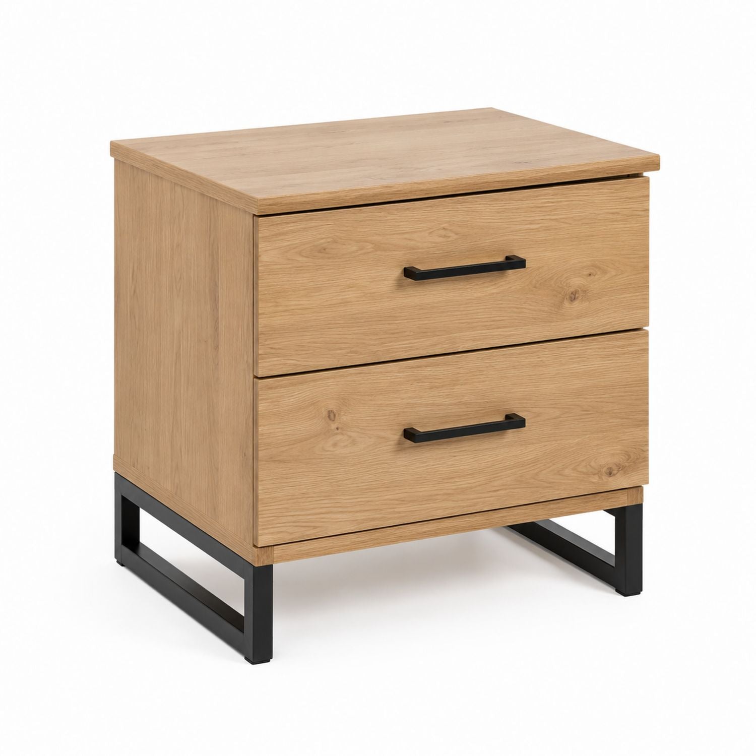 Oak Wood Nightstand with Metal Legs 2 Drawers